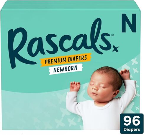 Rascals Premium Disposable Baby Diapers Newborn - 96 Count with 5 Sensitive Infant Wipes, Absorbent Core, Up to 12 Hours Protection, Gentle on Skin, Secure Fit in Saudi Arabia