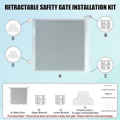 2 Set Retractable Baby Safety Gate Replacement Parts Kit, White Baby Safety Stair Gate Hardware Extension Set with 4 Hook Latches 4 Brackets 26 Screws 26 Expansion Tubes in Kuwait