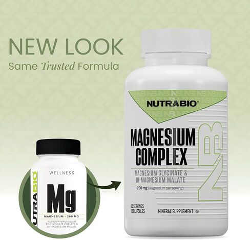 NutraBio Reacted Magnesium Supplement - Muscle Relaxation - Bone Formation - 120 Vegetable Capsules, 200mg per Serving in Saudi Arabia