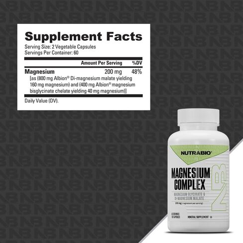 NutraBio Reacted Magnesium Supplement - Muscle Relaxation - Bone Formation - 120 Vegetable Capsules, 200mg per Serving in Saudi Arabia
