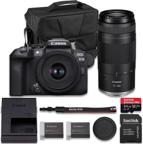 Canon EOS R10 Mirrorless Camera with RF-S 18-45mm f/4.5-6.3 is STM + RF-S 55-210mm f/5-7.1 is STM Lens + Extra LP-E17 Battery + SanDisk Extreme Pro 64GB + More(17pc Bundle) in Kuwait