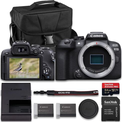 Canon EOS R10 Mirrorless Camera with RF-S 18-45mm f/4.5-6.3 is STM + RF-S 55-210mm f/5-7.1 is STM Lens + Extra LP-E17 Battery + SanDisk Extreme Pro 64GB + More(17pc Bundle) in Saudi Arabia