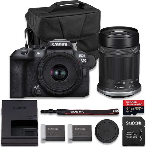 Canon EOS R10 Mirrorless Camera with RF-S 18-45mm f/4.5-6.3 is STM + RF-S 55-210mm f/5-7.1 is STM Lens + Extra LP-E17 Battery + SanDisk Extreme Pro 64GB + More(17pc Bundle) in Saudi Arabia