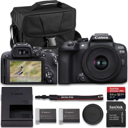 Canon EOS R10 Mirrorless Camera with RF-S 18-45mm f/4.5-6.3 is STM + RF-S 55-210mm f/5-7.1 is STM Lens + Extra LP-E17 Battery + SanDisk Extreme Pro 64GB + More(17pc Bundle) in Saudi Arabia