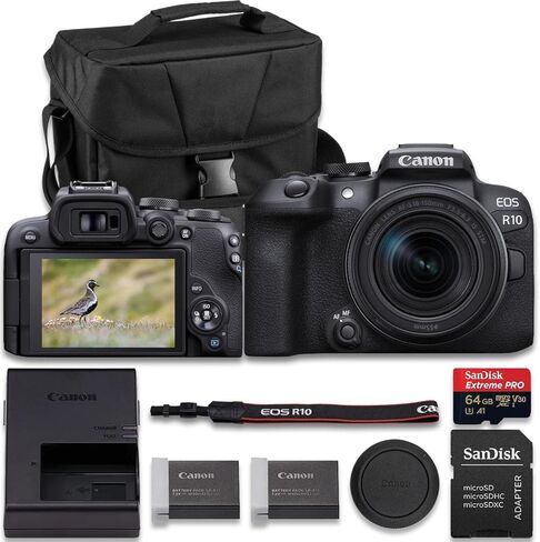Canon EOS R10 Mirrorless Camera with RF-S 18-45mm f/4.5-6.3 is STM + RF-S 55-210mm f/5-7.1 is STM Lens + Extra LP-E17 Battery + SanDisk Extreme Pro 64GB + More(17pc Bundle) in Saudi Arabia