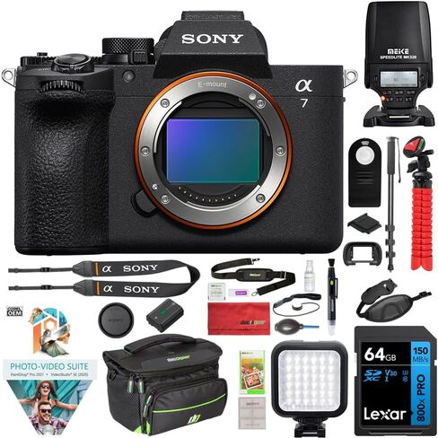 Sony ILCE-7M5/B a7 V Full-Frame Mirrorless Camera Body Bundle with MK320 Flash Speedlight, 72" Monopod, Wrist Grip Strap, 64GB Memory Card, Corel Photo Video Suite, Deco Photo Camera Bag + More in Kuwait