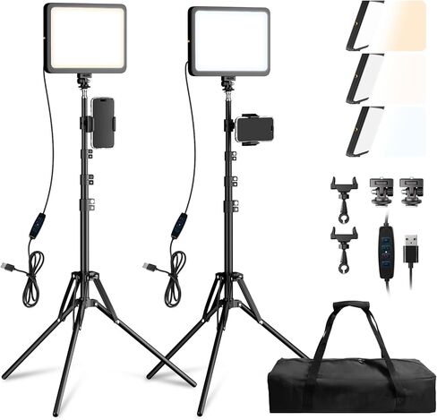 LED Video Light Kit, 2800-7000K Dimmable Studio Lighting with Tripod Stand & Phone Holder, 73" Adjustable Height for Video Recording, Live Streaming, YouTube, Photography，2-Pack in Kuwait