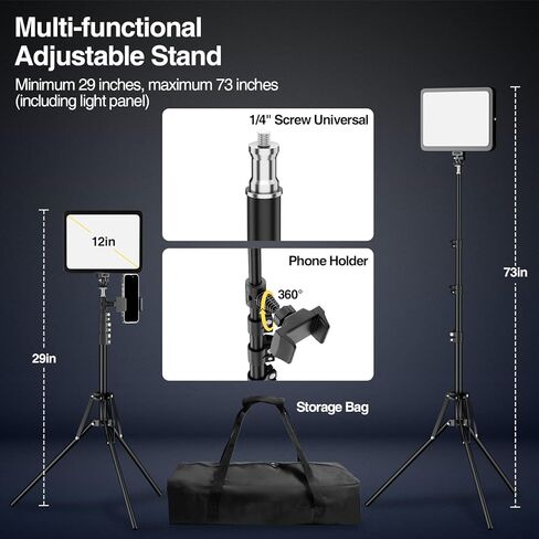 LED Video Light Kit, 2800-7000K Dimmable Studio Lighting with Tripod Stand & Phone Holder, 73" Adjustable Height for Video Recording, Live Streaming, YouTube, Photography，2-Pack in Kuwait