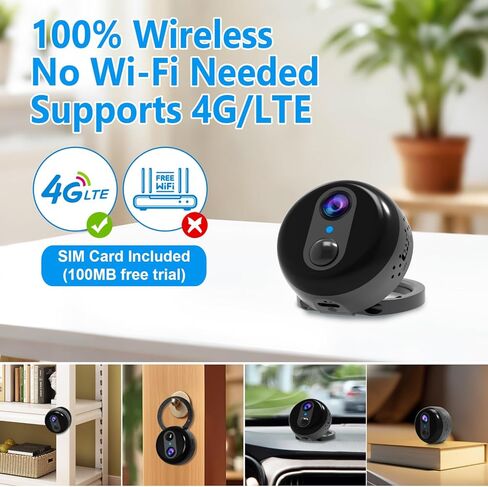 كاميرا مراقبة مغناطيسية صغيرة خلوية 4G LTE، كاميرا أمان خالية من WiFi (بطاقة SIM متضمنة)، كاميرا تجسس بدقة 4K HD، تسجيل نشط للحركة PIR، رؤية ليلية ذكية، عدسة واسعة الزاوية 170 درجة in Kuwait