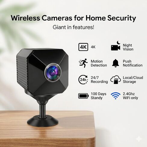 كاميرا مخفية ELEFOCUS 4K، كاميرا تجسس صغيرة لاسلكية لأمن المنزل، كاميرا مربية داخلية صغيرة مع رؤية ليلية وكشف الحركة، كاميرا WiFi سرية للحيوانات الأليفة / الطفل، Camaras Espias Ocultas، أسود in Kuwait