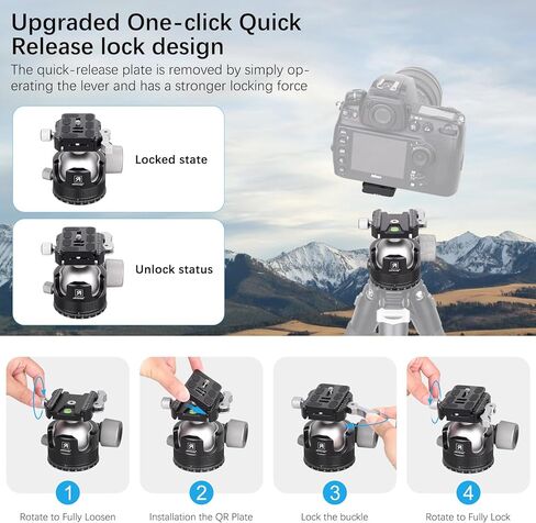 ARTCISE KB55F 55mm Low Profile Ball Head, Lever Release Panoramic Tripod Head, CNC Aluminum, Three Arca Swiss Quick Release Plate, Heavy Duty Camera Mount Max Load 40kg/88lbs in Kuwait
