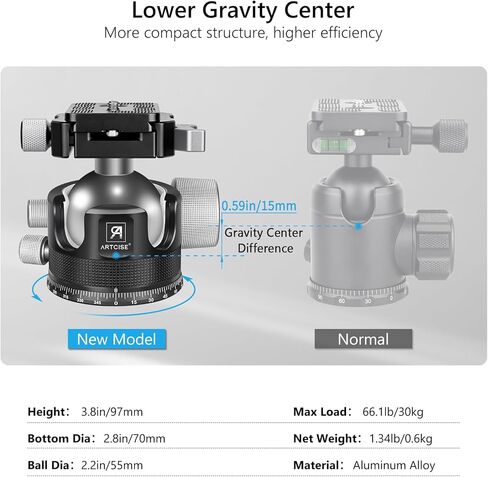 ARTCISE KB55F 55mm Low Profile Ball Head, Lever Release Panoramic Tripod Head, CNC Aluminum, Three Arca Swiss Quick Release Plate, Heavy Duty Camera Mount Max Load 40kg/88lbs in Kuwait