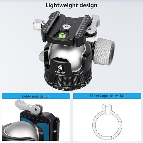 ARTCISE KB55F 55mm Low Profile Ball Head, Lever Release Panoramic Tripod Head, CNC Aluminum, Three Arca Swiss Quick Release Plate, Heavy Duty Camera Mount Max Load 40kg/88lbs in Kuwait