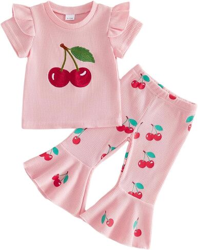 Toddler Girl Summer Outfit Strawberry Short Sleeve T-Shirts Flared Pants Little Girl Clothes 6-24 Months in Saudi Arabia