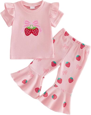 Toddler Girl Summer Outfit Strawberry Short Sleeve T-Shirts Flared Pants Little Girl Clothes 6-24 Months in Saudi Arabia