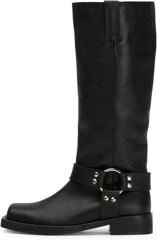 ZJGZF Women's Knee High Riding Boots Leather Studds Biker Boot Square Toe Block Chunky Heel Slip on Tall Motorcycle Boots Wide Mid Calf Booties Cute Comfortable Shoes in Saudi Arabia