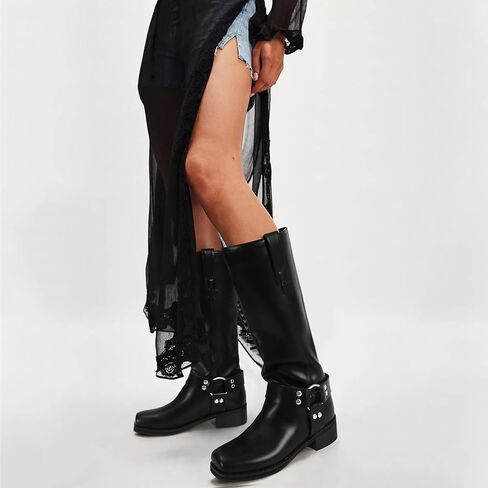 ZJGZF Women's Knee High Riding Boots Leather Studds Biker Boot Square Toe Block Chunky Heel Slip on Tall Motorcycle Boots Wide Mid Calf Booties Cute Comfortable Shoes in Saudi Arabia