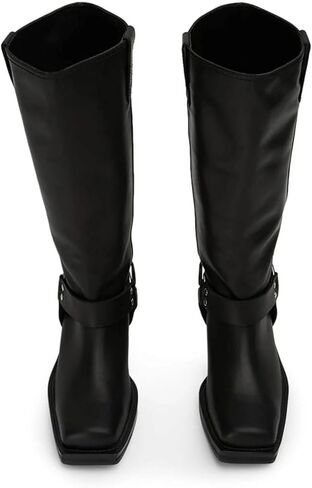 ZJGZF Women's Knee High Riding Boots Leather Studds Biker Boot Square Toe Block Chunky Heel Slip on Tall Motorcycle Boots Wide Mid Calf Booties Cute Comfortable Shoes in Saudi Arabia