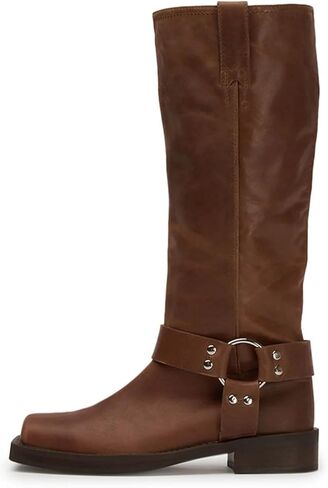 ZJGZF Women's Knee High Riding Boots Leather Studds Biker Boot Square Toe Block Chunky Heel Slip on Tall Motorcycle Boots Wide Mid Calf Booties Cute Comfortable Shoes in Saudi Arabia