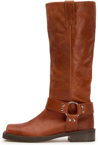 ZJGZF Women's Knee High Riding Boots Leather Studds Biker Boot Square Toe Block Chunky Heel Slip on Tall Motorcycle Boots Wide Mid Calf Booties Cute Comfortable Shoes in Saudi Arabia