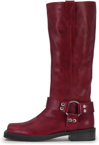 ZJGZF Women's Knee High Riding Boots Leather Studds Biker Boot Square Toe Block Chunky Heel Slip on Tall Motorcycle Boots Wide Mid Calf Booties Cute Comfortable Shoes in Saudi Arabia