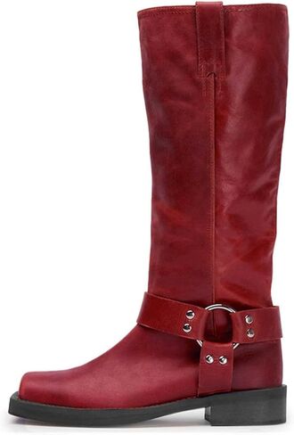 ZJGZF Women's Knee High Riding Boots Leather Studds Biker Boot Square Toe Block Chunky Heel Slip on Tall Motorcycle Boots Wide Mid Calf Booties Cute Comfortable Shoes in Saudi Arabia