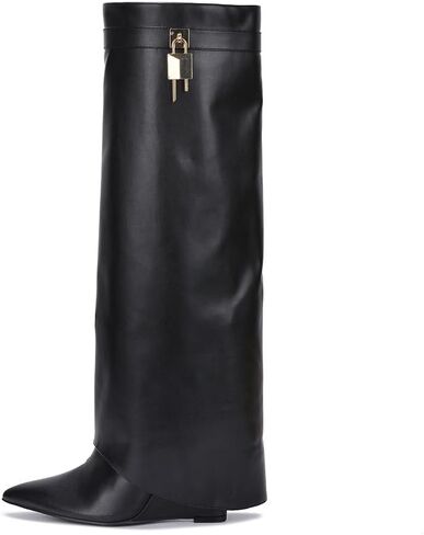 Cape Robbin Women's Knee High Boots Wedge - Shark Boots with Padlock Detail, Pointed Toe Fold Over Leather Boots for Women, Inner Zip Closure Chunky Heel Boots (Valeri-3) in Kuwait