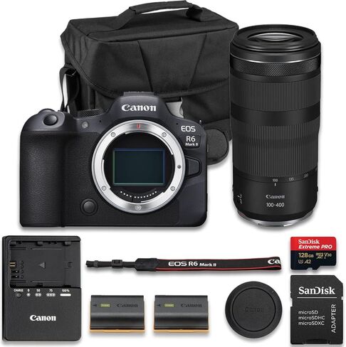 كاميرا Canon EOS R6 Mark II بدون مرآة مع RF 24-105mm f/4-7.1 is STM + RF-S 55-210mm f/5-7.1 هي عدسة STM + بطارية ليثيوم أيون LP-E6NH إضافية + SanDisk Extreme Pro سعة 128 جيجابايت (حزمة مكونة من 17 قطعة) in Kuwait