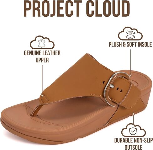 Project Cloud Genuine Leather Sandals for Women - Thong Sandals with Adjustable Buckle - Plush and Soft Insole Slippers - Non Slip Outsole Slides Summer Outfits 2026 (ARLEE BUCKLE-TANLEATHER,7M) in Kuwait