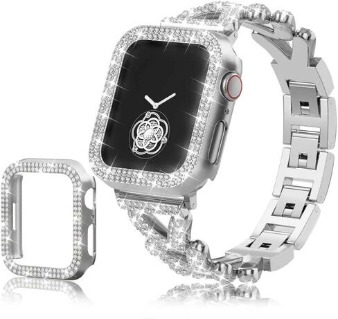 Rhinestones Encrusted Metal Bracelet and Case, Compatible with Apple Watch Bands 38mm-49mm (Series 11/1/SE/Ultra 2)- Bling Gold Women's Jewelry Strap, Luxury iWatch Bracelet with Screen Protector in Kuwait