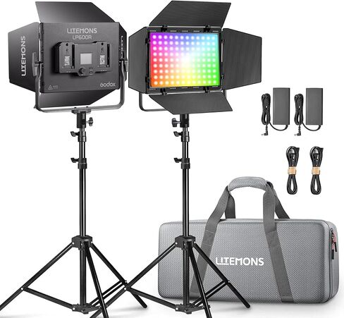 GODOX Litemons LP600R 60W RGB LED Video Light Panel,2-Pack with Light Stand,1800K-10000K,9270lux@0.5m,APP Controlfor Studio Photography Video Recording Live Streaming (LP600R 2 Pack kit) in Kuwait