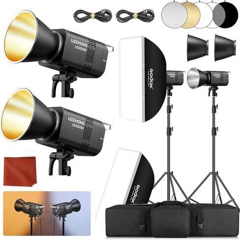 طقم إضاءة Godox 2Pack LE200Bi مزود بحامل إضاءة/صندوق سوفت بوكس/حقيبة حمل/5-1 عاكس ثنائي اللون LED طقم إضاءة فيديو مستمر احترافي، CRI 98+، 2800K-6500K، 57700 Lux للاستوديو in Kuwait