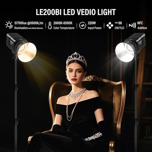 طقم إضاءة Godox 2Pack LE200Bi مزود بحامل إضاءة/صندوق سوفت بوكس/حقيبة حمل/5-1 عاكس ثنائي اللون LED طقم إضاءة فيديو مستمر احترافي، CRI 98+، 2800K-6500K، 57700 Lux للاستوديو in Kuwait