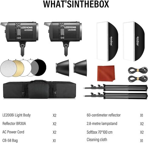 طقم إضاءة Godox 2Pack LE200Bi مزود بحامل إضاءة/صندوق سوفت بوكس/حقيبة حمل/5-1 عاكس ثنائي اللون LED طقم إضاءة فيديو مستمر احترافي، CRI 98+، 2800K-6500K، 57700 Lux للاستوديو in Kuwait