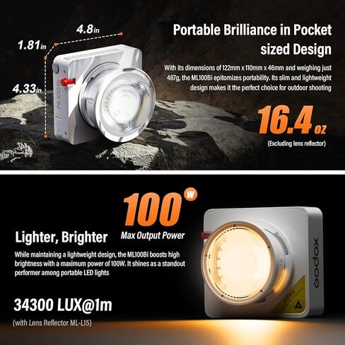 Godox ML100Bi 120W LED Video Light-Bi Color 2800K-6500K 33200Lux@1m، COB إضاءة الإخراج المستمر CRI 97+ TLCI 98+، التحكم في التطبيق، شحن USB-C، 11 تأثيرات FX للتصوير/البث المباشر/التصوير الفوتوغرافي in Kuwait