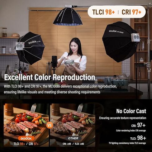 Godox ML100Bi 120W LED Video Light-Bi Color 2800K-6500K 33200Lux@1m، COB إضاءة الإخراج المستمر CRI 97+ TLCI 98+، التحكم في التطبيق، شحن USB-C، 11 تأثيرات FX للتصوير/البث المباشر/التصوير الفوتوغرافي in Kuwait