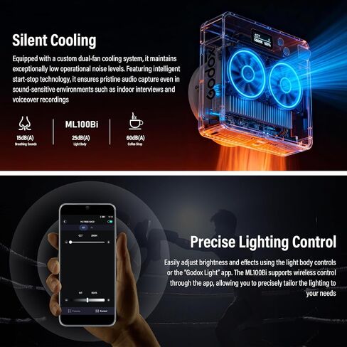 Godox ML100Bi 120W LED Video Light-Bi Color 2800K-6500K 33200Lux@1m، COB إضاءة الإخراج المستمر CRI 97+ TLCI 98+، التحكم في التطبيق، شحن USB-C، 11 تأثيرات FX للتصوير/البث المباشر/التصوير الفوتوغرافي in Kuwait