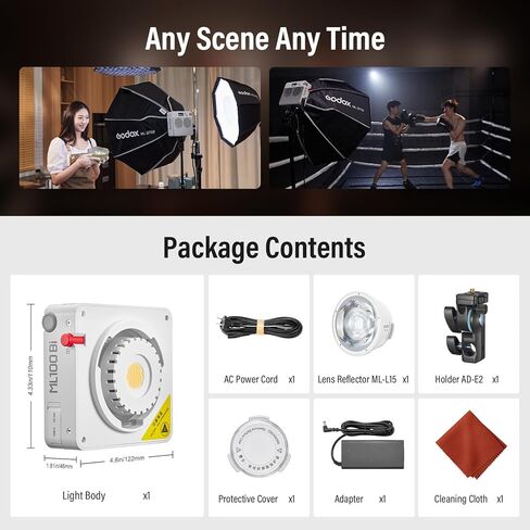 Godox ML100Bi 120W LED Video Light-Bi Color 2800K-6500K 33200Lux@1m، COB إضاءة الإخراج المستمر CRI 97+ TLCI 98+، التحكم في التطبيق، شحن USB-C، 11 تأثيرات FX للتصوير/البث المباشر/التصوير الفوتوغرافي in Kuwait