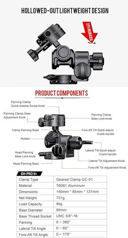 SUNWAYFOTO GH-PRO II+ رأس حامل ثلاثي مُجهز مع مشبك GC-1 مُجهز بزاوية 360 درجة وقاعدة تحريك متوافقة مع Arca in Kuwait