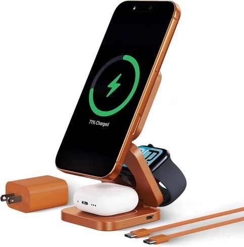 KU XIU Qi2.2 25W 3-in-1 Wireless Charging Station for Apple, Foldable Magnetic Charger for iPhone 17/16, 5W for Apple Watch & AirPods, Fast Travel Wireless Charging Stand with 45W Adapter in Saudi Arabia