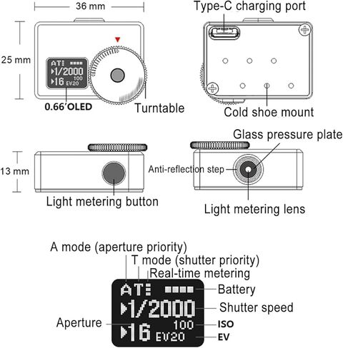 COYEUX Camera Top Reflected Light Meter with OLED Display, 30° Spot Metering, Real-time and One-Button Operation, All-Metal Cold Shoe for Vintage Film Cameras and Analog Photography in Kuwait