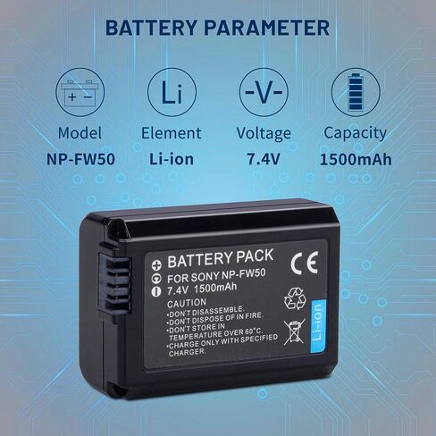 2 حزمة بطارية NP-FW50 متوافقة مع سوني ألفا A5000، A5100، A6000، A6300، A6400، A6500، A7، A7A، A7R، A7II، A7RII، A7SII RX10، RX10II NEX-3، NEX-5، NEX-6 SLT-A33، SLT-A35، كاميرا رقمية SLT-A37 in Kuwait