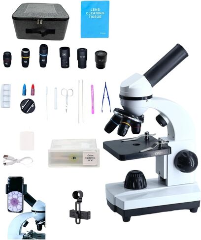 A208 Professional Lab-Grade Monocular Microscope, 2000X Magnification, Dual LED Illumination, White-Black, with Eyepieces and Accessories in Kuwait