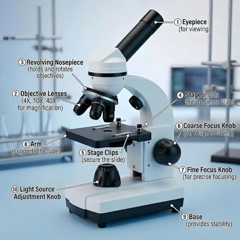 A208 Professional Lab-Grade Monocular Microscope, 2000X Magnification, Dual LED Illumination, White-Black, with Eyepieces and Accessories in Kuwait