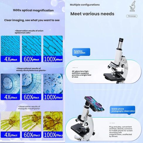 مجهر مركب للأطفال 40X-2500X مجهر بيولوجي للطلاب عالي الطاقة، مختبر المدرسة والاستخدام المنزلي مع مجموعة الشرائح in Kuwait