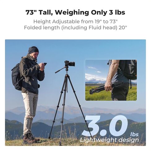 حامل ثلاثي للكاميرا مقاس 73 بوصة من K&F CONCEPT مع رأس سائل، حامل ثلاثي القوائم من الألومنيوم للسفر للفيديو، مقلاة / إمالة ناعمة لكاميرات الفيديو DSLR بدون مرآة، أقصى تحميل 6.6 رطل، لمدونة الفيديو المباشرة ونطاق الإكتشاف in Kuwait