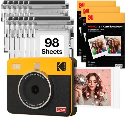 KODAK Mini Shot 3 Retro 3x3 بوصة كاميرا رقمية فورية وطابعة صور، 98 ورقة، كاميرا طباعة محمولة 2 في 1، طابعة بلوتوث للهواتف الذكية لنظام iOS وأندرويد، 4PASS صبغ التسامي، أصفر in Kuwait