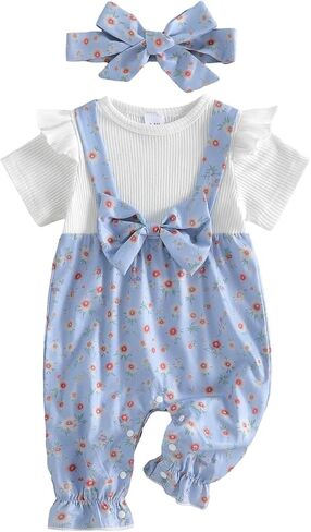 PUHHAPIEY Baby Girl Clothes Summer Newborn Daisy Bow Ruffle Short Sleeve Romper Jumpsuit Onesie Cute Infant Spring Outfit in Saudi Arabia