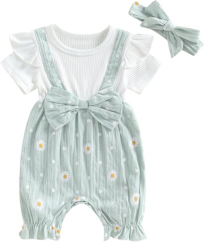 PUHHAPIEY Baby Girl Clothes Summer Newborn Daisy Bow Ruffle Short Sleeve Romper Jumpsuit Onesie Cute Infant Spring Outfit in Saudi Arabia