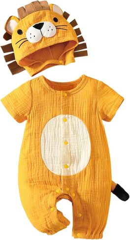 Newborn Baby Boys Girls Clothes Cute Lion Cotton Romper Short Sleeve Infant Outfits Jumpsuit with Hood in Kuwait
